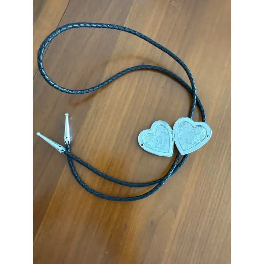 Vintage 90s Heart Locket Bolo Tie Leather Cord